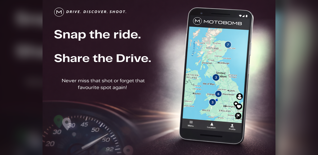 Motobomb app shown on a phone with the tagline Snap the ride. Share the Drive.