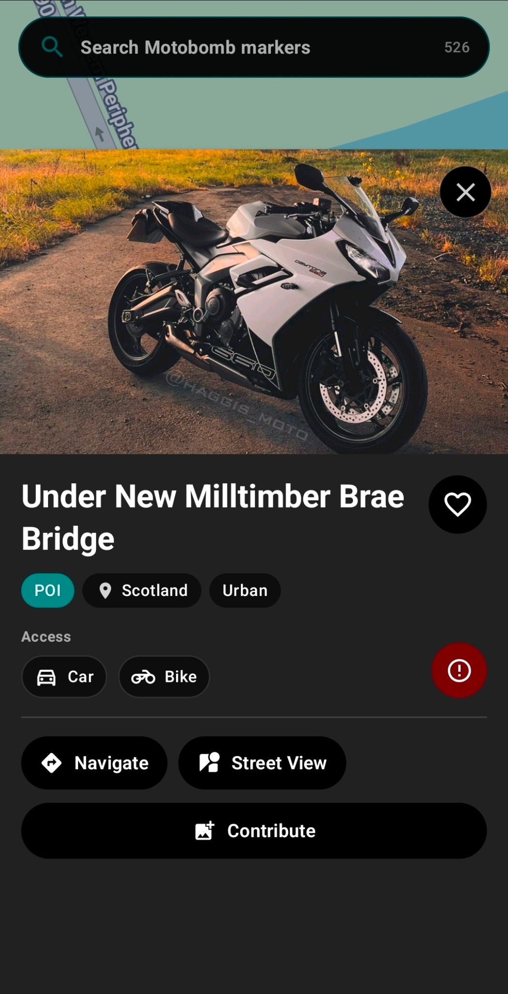 Motobomb screenshot showing location details