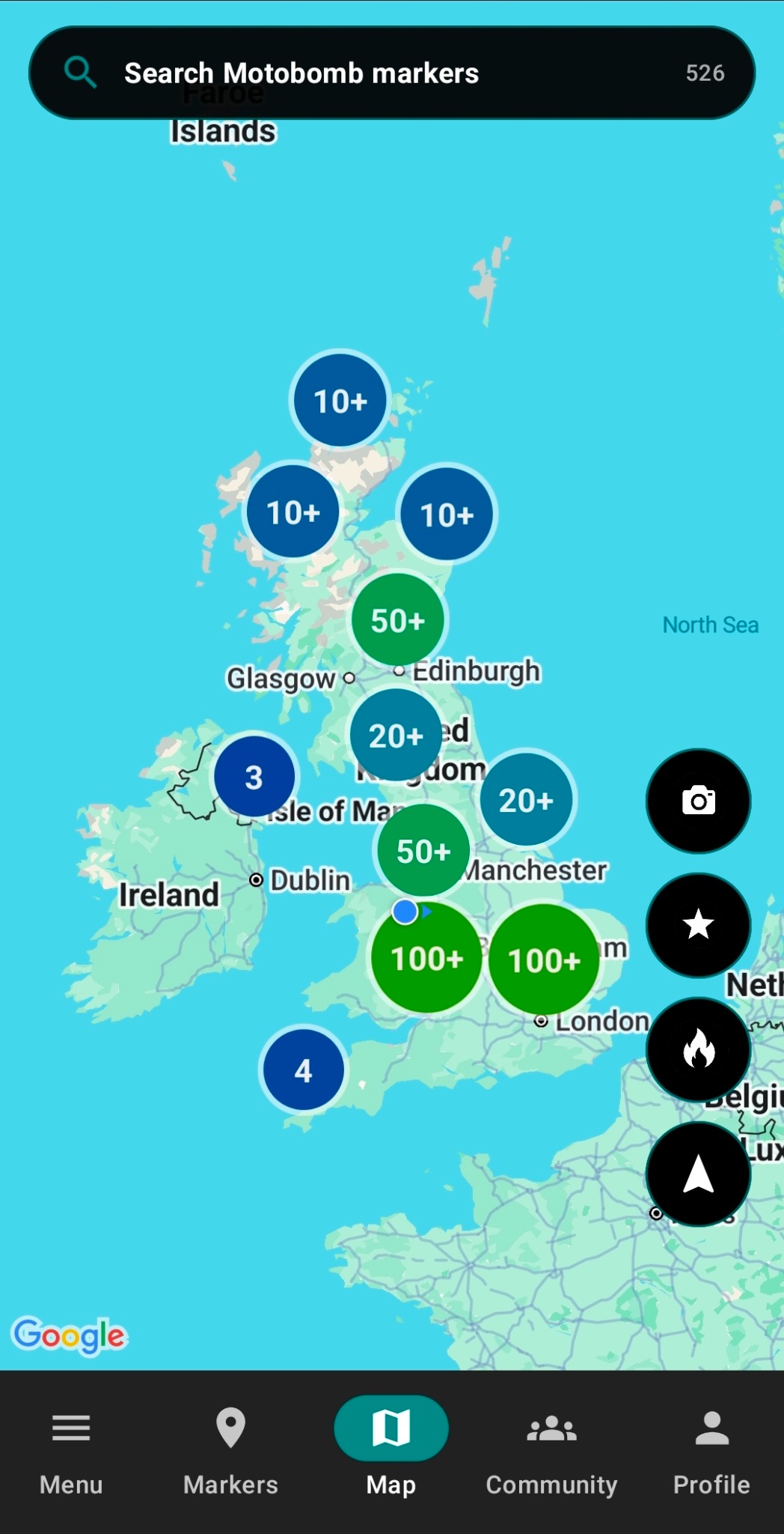 Motobomb screenshot showing map view